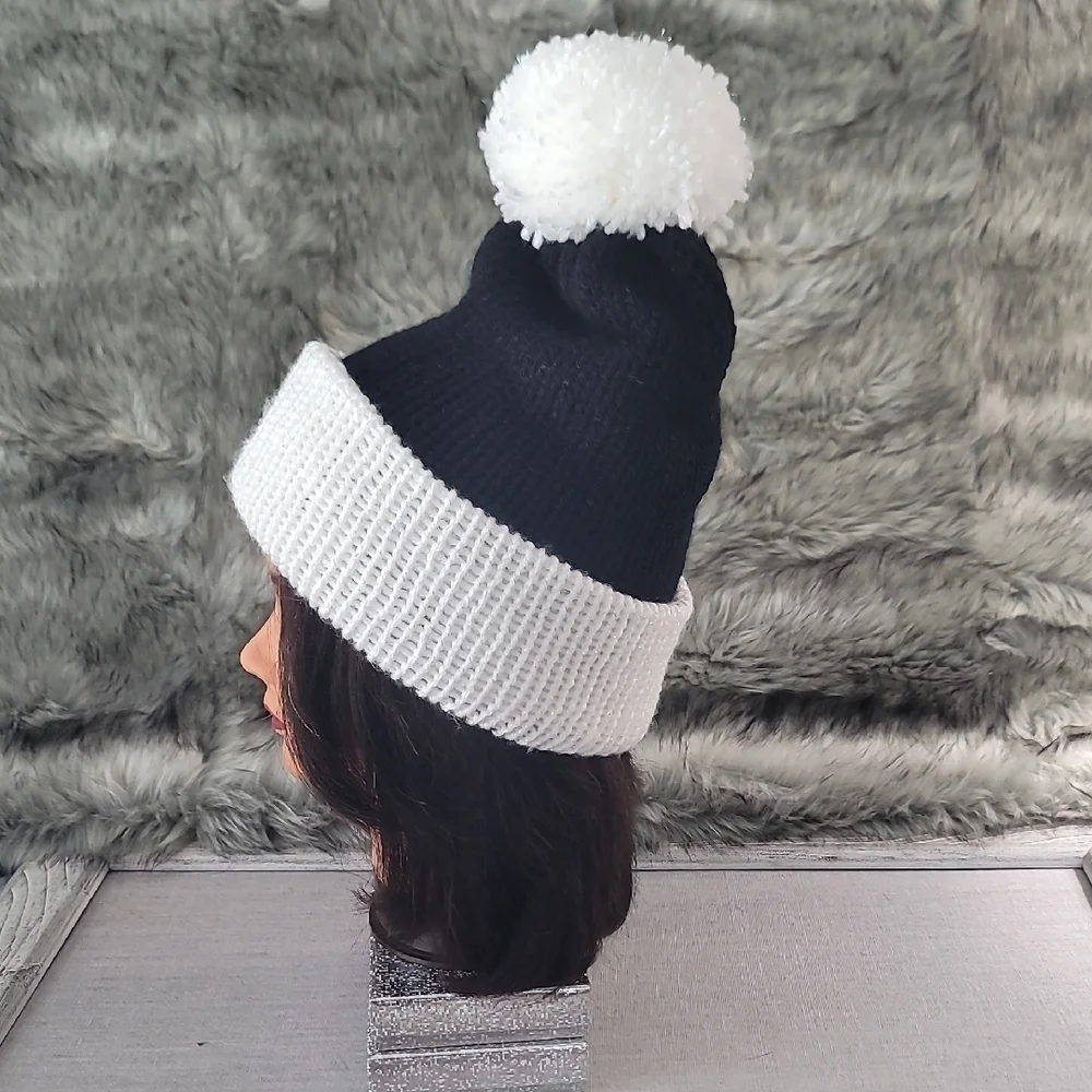Handmade Woman's Black & White Beanie with pom pom.